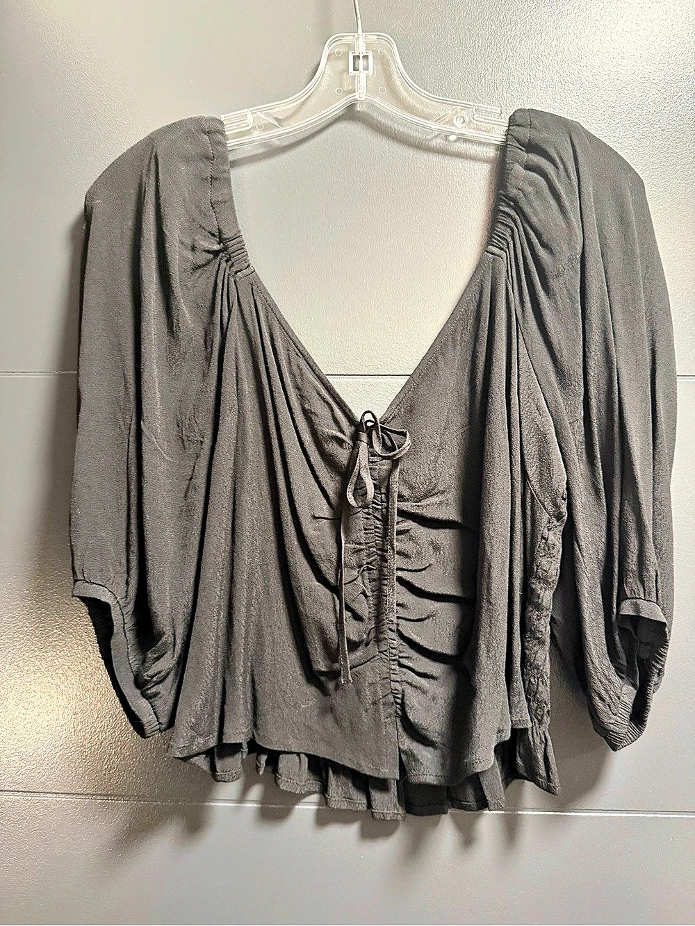 Open Edit Tie Front Puff Sleeve Blouse Black Size Large
